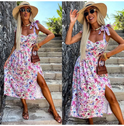 Summer Sexy Strap Midi Party Dresses Women 2024 Fashion Sleeveless Backless Print Slim White Dress Vacation Sundress Elegant