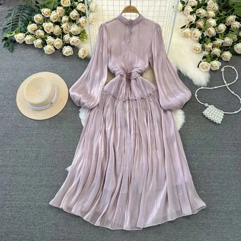 Elegant Long Sleeve Midi Party Dresses Women Summer Autumn Bright Faux Silk Retro Solid Evening Party Vestidos