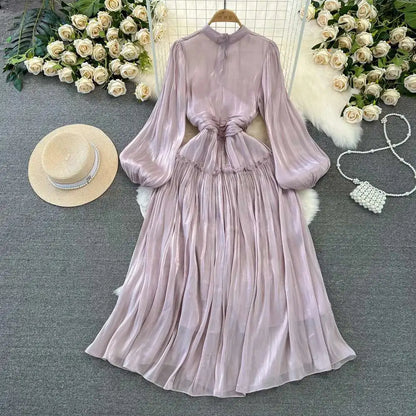Elegant Long Sleeve Midi Party Dresses Women Summer Autumn Bright Faux Silk Retro Solid Evening Party Vestidos
