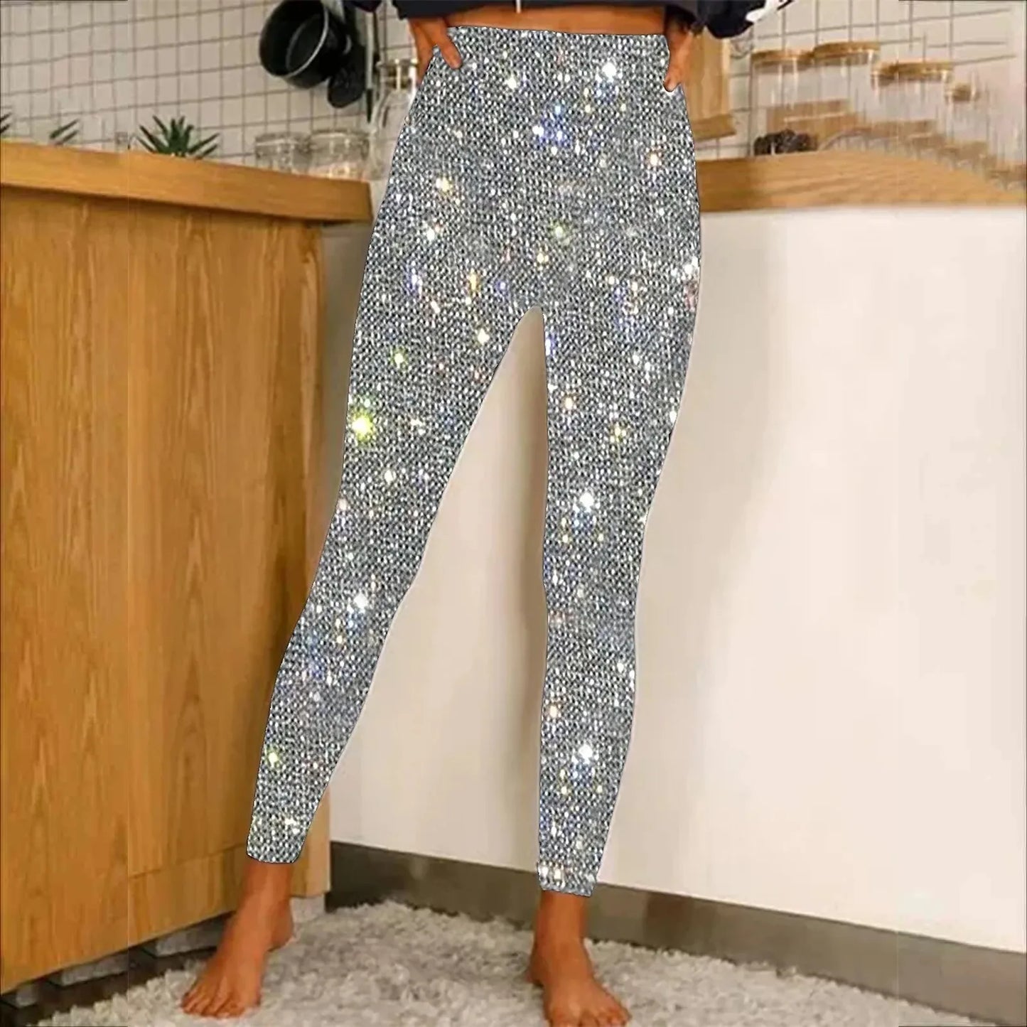 レディーススパンコールレギンス ハイウエストボトムパンツ ファッションハイウエストパーティーナイトクラブレギンス セクシーレディーススリムロングパンツ
