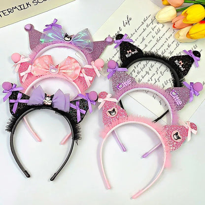 Kawaii Sanrio Kuromi Children Headband Hello Kitty Melody Cinnamoroll Cartoon Bow Shiny Hairband Hair Accessories Christmas Gift