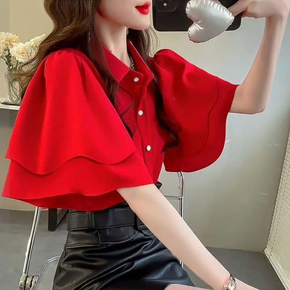 French Lady's Summer Loose Shirt Women's New Loose Blouse Solid Color Ruffle Short Sleeve Chiffon Top