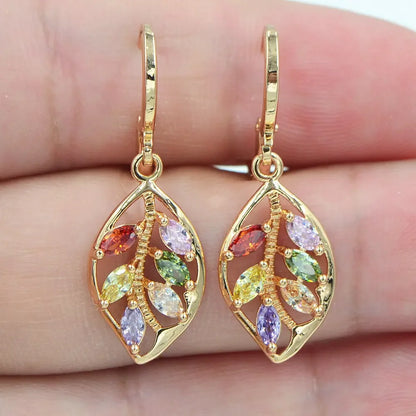 Fashionable Golden Leaf Inlaid Colored Zircon Earrings for Women, Exquisite Jewelry, Valentine's Day Gift