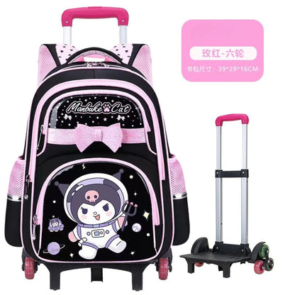 New Kuromi Trolley School Bag Melody Girls Trolley Bag Stationery Storage 2 Wheels/6 Wheels Telescopic Folding Climbing Floors