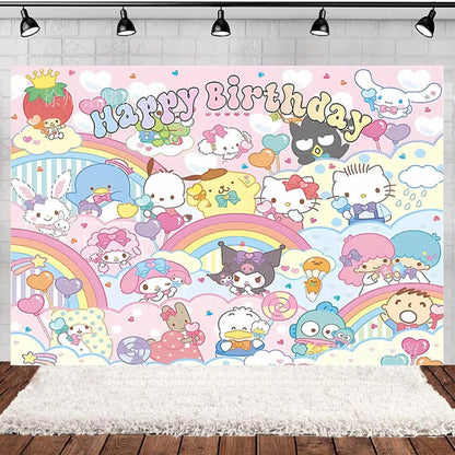 kawaii Sanrio Birthday Party cutlery plate Disposable Banner Cake Topper Hanging Flag Hello Kitty Balloons Birthday Decorations