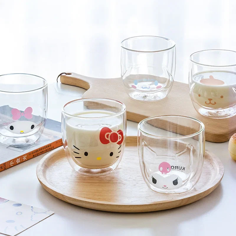 Sanrio Hello Kitty Cute Glass Cup Transparent Coffee Milk Water Cups Cinnamoroll Kuromi My Melody 300ml Student Milk Heat Gift