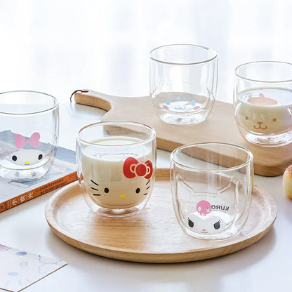 Sanrio Hello Kitty Cute Glass Cup Transparent Coffee Milk Water Cups Cinnamoroll Kuromi My Melody 300ml Student Milk Heat Gift