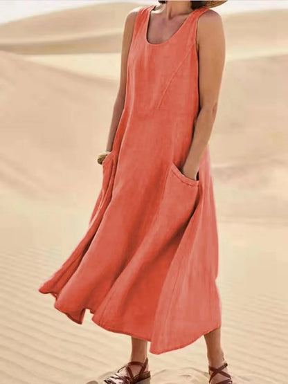 Chic Women Coton Linen Sundress Summer Female Sleeveless Double Big Pocket Loose Sand Beachwear Long Dress Oversized Vestidos