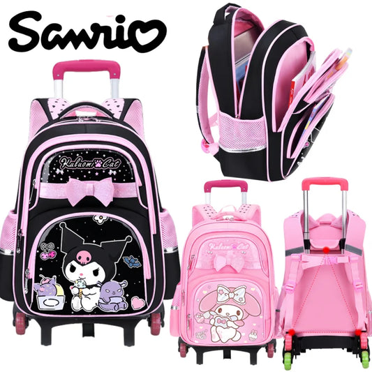 New Kuromi Trolley School Bag Melody Girls Trolley Bag Stationery Storage 2 Wheels/6 Wheels Telescopic Folding Climbing Floors