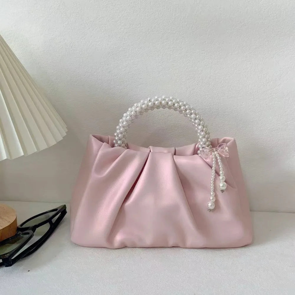 Elegant pink pleated pearl embellished clutch bag - magnetic closure, imitation leather, suitable for weddings and parties