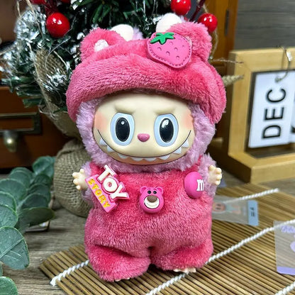 17cm Strawberry Bear Labubu sit Sit party clothes Labubu Heartbeat Macaron pendant clothes replacement Collectible Art
