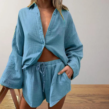 2 Pcs/Set Women Blouse Pants Set Solid Color Turn-down Collar Elastic Waist Deep Crotch Fall Shirt Shorts Suit Female Clothes