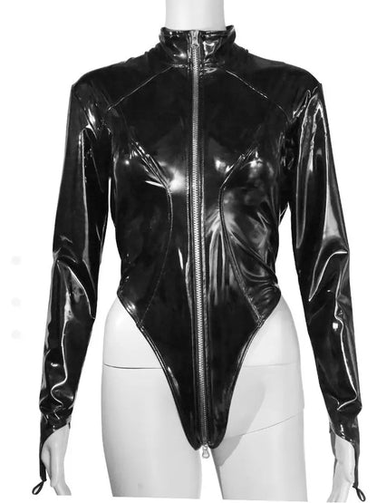 Shiny Faux PU Leather Zipper Open Crotch Bodysuit Wet Look PVC Catsuit Tight Sexy Body Teddies High Cut Swimsuit Leotard Unitard