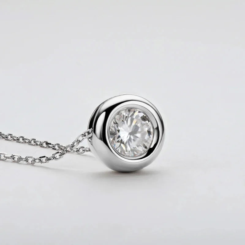 Lycfn 1CT Round Bezel Setting Moissanite Pendant Necklace For Women 925 Sterling Silver With GAR Clavicle Bubble Chain Jewelry