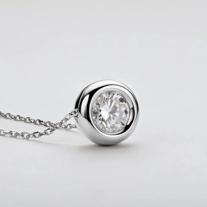 Lycfn 1CT Round Bezel Setting Moissanite Pendant Necklace For Women 925 Sterling Silver With GAR Clavicle Bubble Chain Jewelry