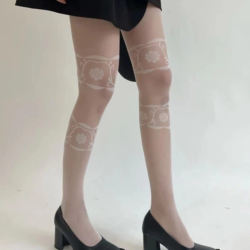 韓国風フラワー柄パンティーストッキング スリムレッグ レディース 薄手タイツ 夏秋用 レトロ ハイエラスティック ロング太ももストッキング 女性用