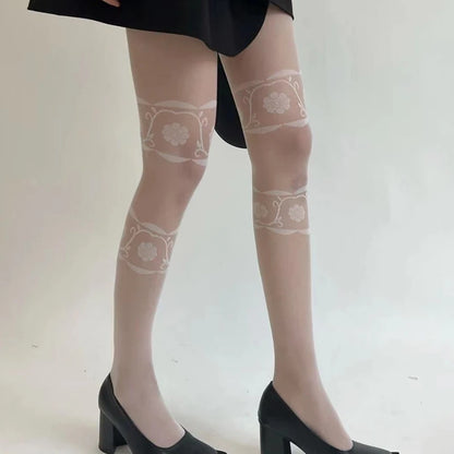 韓国風フラワー柄パンティーストッキング スリムレッグ レディース 薄手タイツ 夏秋用 レトロ ハイエラスティック ロング太ももストッキング 女性用