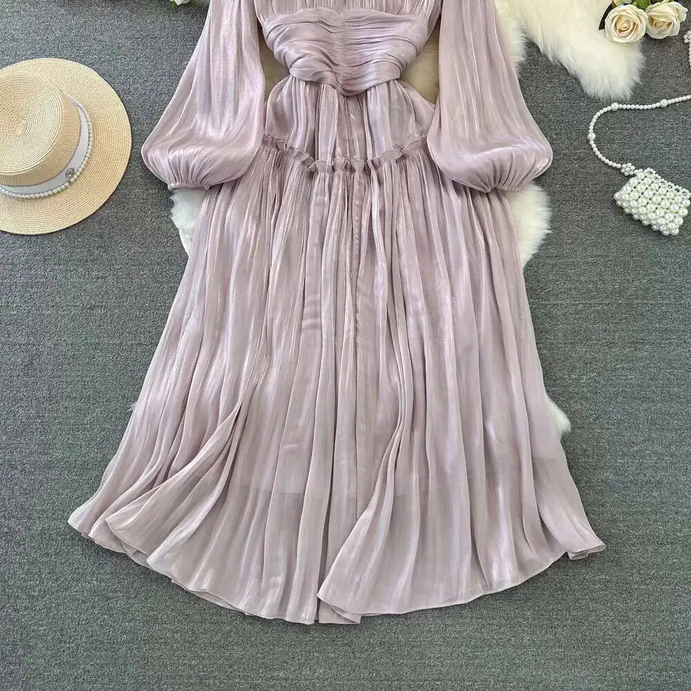 Elegant Long Sleeve Midi Party Dresses Women Summer Autumn Bright Faux Silk Retro Solid Evening Party Vestidos