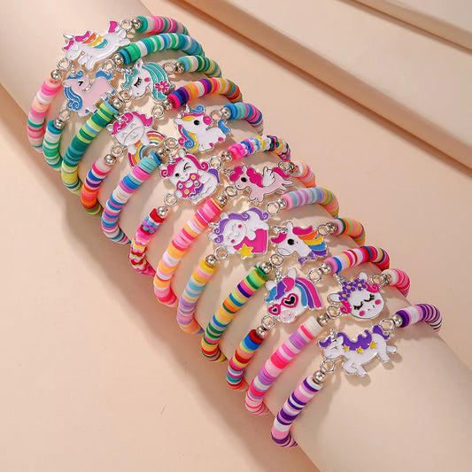 12個/セット ユニコーン キャット フラワーチャーム 伸縮性 ハンドメイド ビーズブレスレット 女性 女の子 誕生日パーティー ジュエリー 友情ギフト