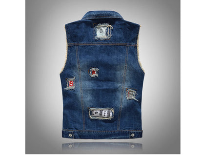 Spring Summer Men's Denim Vest Fashion Male Hip Hop Patch Hole Waistcoats Male Night Club Party Jeans Sleeveless Jacket Clothing