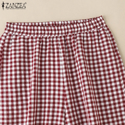 ZANZEA 2025 チェック柄パンツ レディース ファッション ランタンパンツ カジュアル ルーズ ロングパンツ 夏 ポケット 伸縮性ウエスト ボトムス オーバーサイズ
