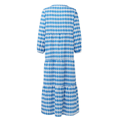 Women's Summer Casual Fashion Geometric Print Neckline Lace-up Bubble Middle-sleeves Ruffle Stitching Big Swing Long Losse Dress