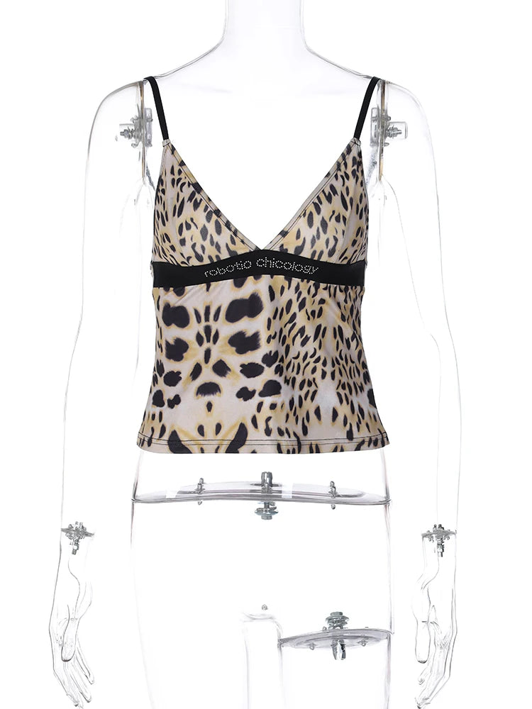 Hugcitar Leopard Print Sleeveless Backless Patchwork Sequined Letter Sexy Camis Summer Women Fashion Streetwear Party Clothes