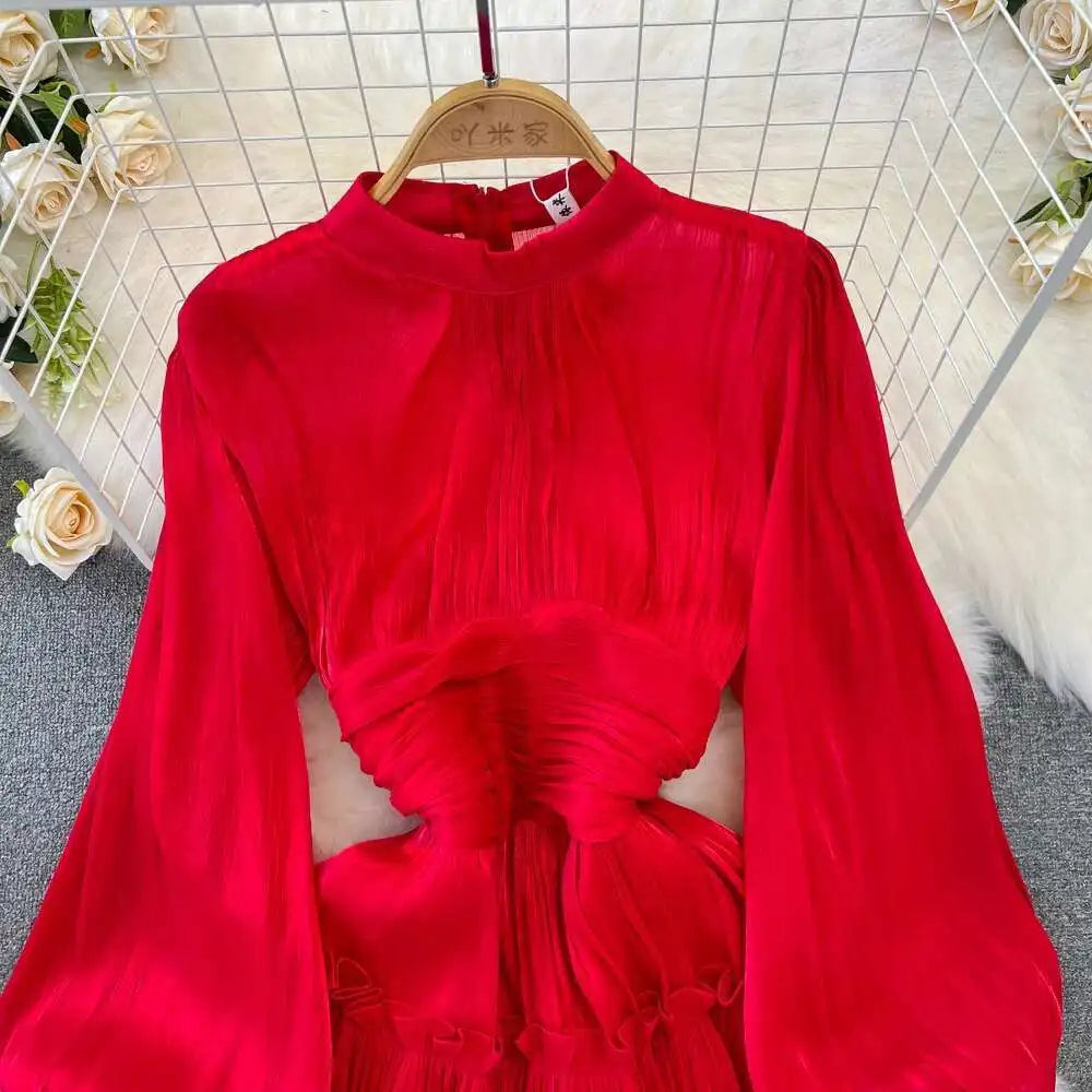 Elegant Long Sleeve Midi Party Dresses Women Summer Autumn Bright Faux Silk Retro Solid Evening Party Vestidos