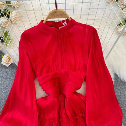 Elegant Long Sleeve Midi Party Dresses Women Summer Autumn Bright Faux Silk Retro Solid Evening Party Vestidos