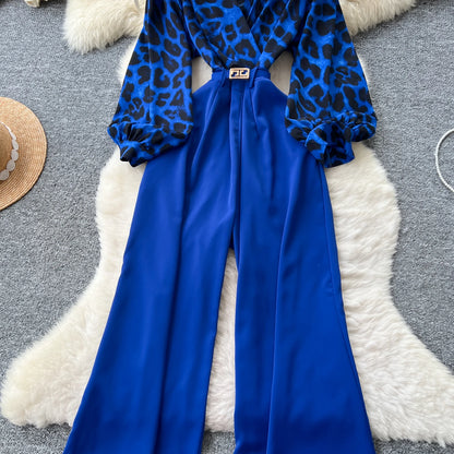 SINGREINY Autumn Leopard Long Jumpsuits V Neck Long Sleeves Belt Wide Legs Pants Women American Retro Senior Office Lady Rompers