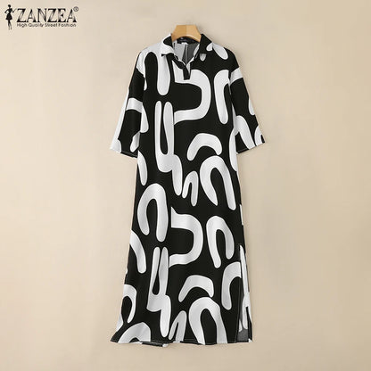 2025 ZANZEA Fashion Autumn Printed Dresses Women Maxi Long Dress Lapel Neck Long Sleeve Robe Casual Kaftan Vestidos Oversize