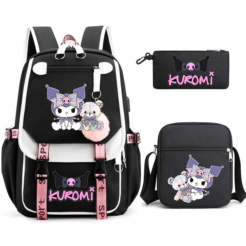 Kuromi Student Backpack 3pcs Cartoon Rucksack Girls School Bag High Capacity Women Backpack Female Cute Leisure Travel Mochilas