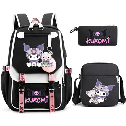 Kuromi Student Backpack 3pcs Cartoon Rucksack Girls School Bag High Capacity Women Backpack Female Cute Leisure Travel Mochilas