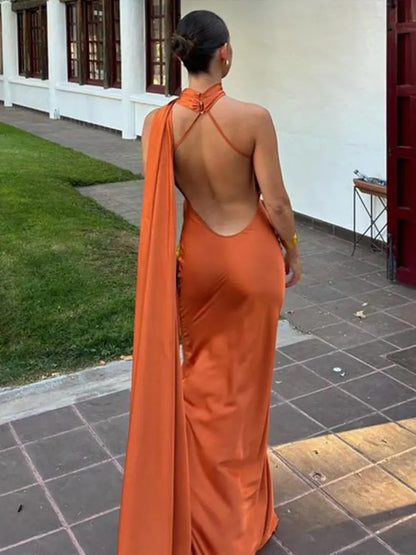 Elegant Satin Ribbon Halter Backless Sleeveless Dress for Women Slim Fit Party Evening Robes Lady Solid Color Autumn Summer 2025