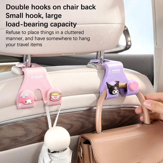 Kawaii Hello Kitty Car Seat Headrest Hook Sanrio Cinnamoroll Kuromi Auto Back Seat Organizer Hanger Storage Car Interior