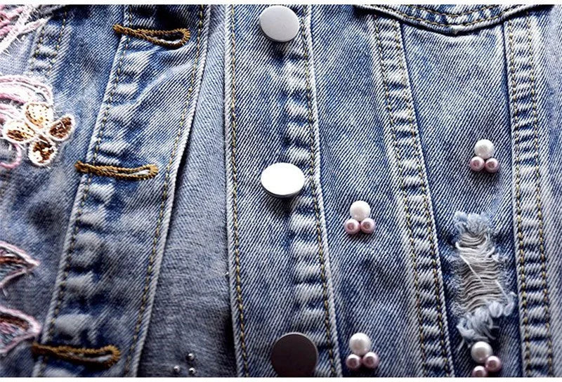 Women Denim Vest Jacket New Autumn Embroidery Beads Sleeveless Vintage Hole Jeans Vest Jacket Overcoat Female Tops Waistcoat