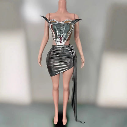 2025 Glamorous Silver Rhinestone Birthday Party Stage Dress Women's Tube Top Hip Skirt Light Luxury Evening Gown Summer Fashion
