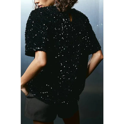 2025 Spring Sexy Women Velvet Sequins Shirt Top Elegant Short Sleeve O Neck Loose Sparkle Guest Party T-shirt Night Clubwear