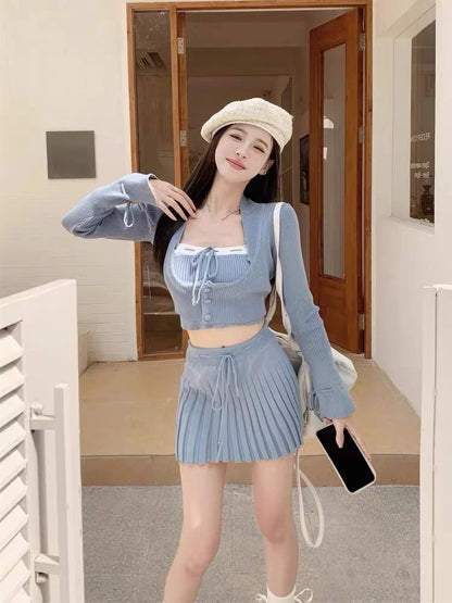Woman Y2k Matching 3 Piece Set New Products Sweet Solid Knitted Cropped Patchwork Vest Slim Cardigan Mini Pleated Skirt Autumn