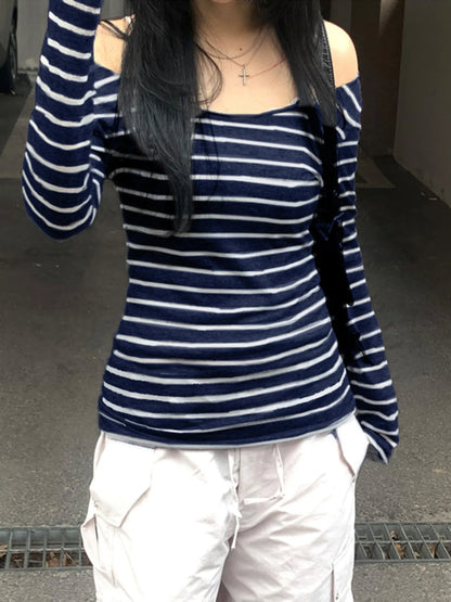 Sweetown Japanese Basic Slim Long Sleeve Stripe Tee Off Shoulder O Neck Korean Street Style Spring Autumn Y2K Gray T Shirt Women
