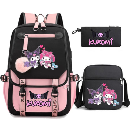 Kuromi Student Backpack 3pcs Cartoon Rucksack Girls School Bag High Capacity Women Backpack Female Cute Leisure Travel Mochilas