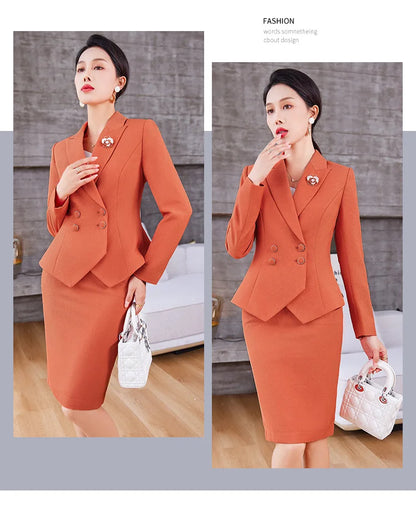 Navy Blue Suits Women 2023 New Spring Autumn Professional Long Sleeve Slim Blazer And Skirt Sets Office Ladies Work Wear Orange