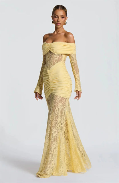 Mozision Off-shoulder Long Sleeve Sexy Maxi Dress Women Fashion Lace See Through Strapless Backless Bodycon Club Party Dresses