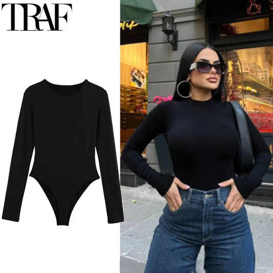 TRAF Woman 2025 Bodysuits Long Sleeve Black Body For Women Spring Summer Slimming Bodysuit Lingerie One Piece Thong Bodysuit