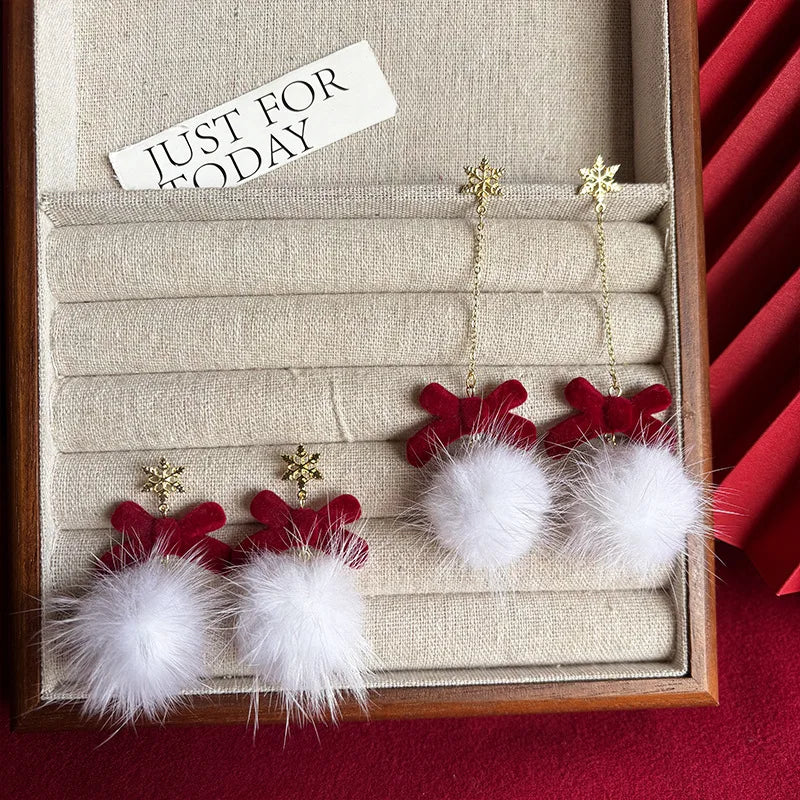 Christmas Elk Bow Pompom Balls Drop Earrings Women and Girls Lovely Fashion Jewelry Xmas New Year's Day Gifts