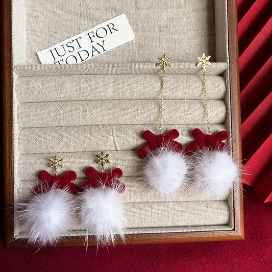 Christmas Elk Bow Pompom Balls Drop Earrings Women and Girls Lovely Fashion Jewelry Xmas New Year's Day Gifts