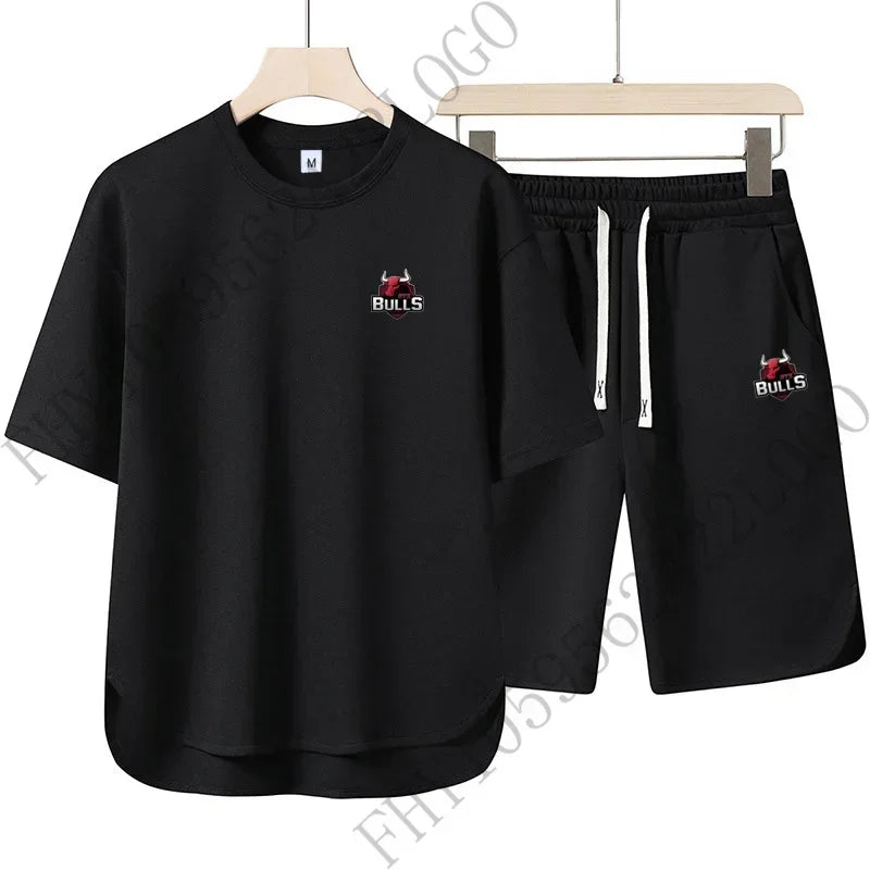 Men's new summer fashion sports suit casual fashion fitness jogging wear round neck T-shirt + breathable disconnect 2-piece set