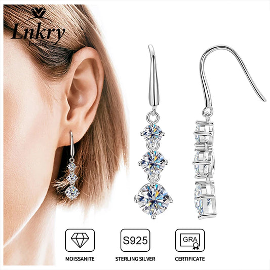 Lnkry 925 Sterling Silver Drop Earring Certified GRA 6.5mm&5mm&4mm Three Stone Moissanite Dangle Earrings For Women Jewelry Gift