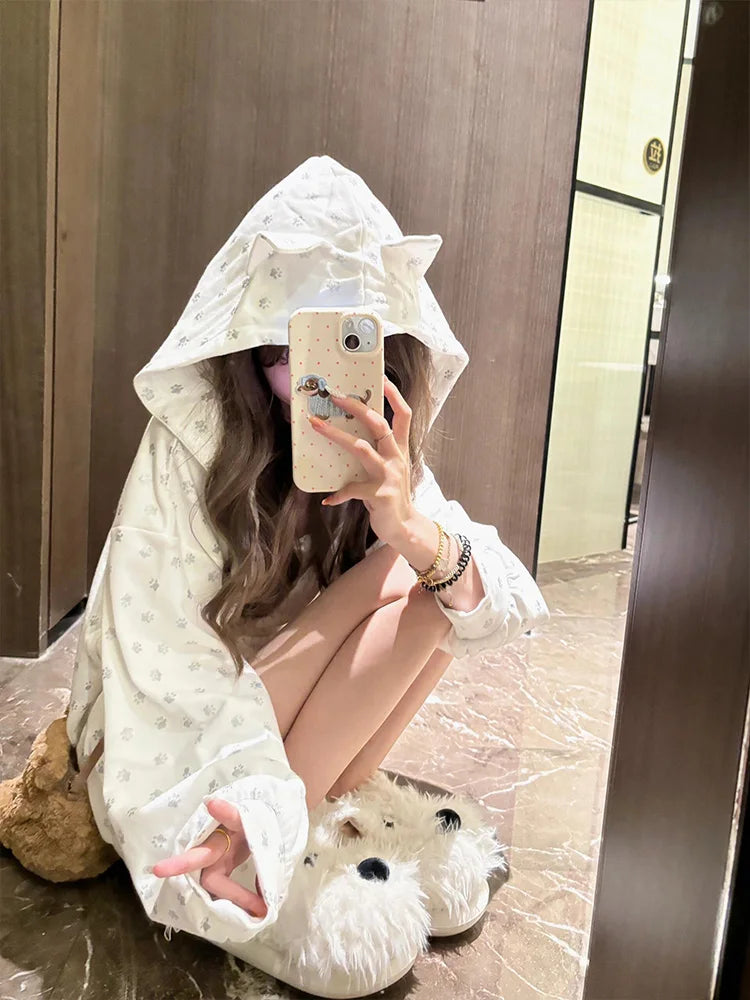 Cat's Ears Hooded Sweatshirts Women's Clothing Cute Y2k Tops 2025 Roap Mujer Cartoon Print Casual Fashion Japanese Hoodie Coat