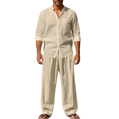 2025 New Spring and Summer Men's Suit Linen Casual Loose Breathable Long Sleeves Shirt Trousers 2Set of Beach Vacation Essential